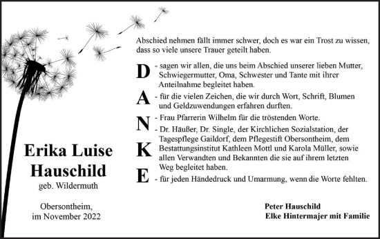 Traueranzeige von Erika Luise Hauschild von Rundschau Gaildorf