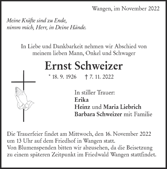 Traueranzeige von Ernst Schweizer von NWZ Neue Württembergische Zeitung