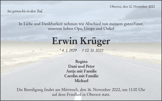 Traueranzeige von Erwin Krüger von Rundschau Gaildorf