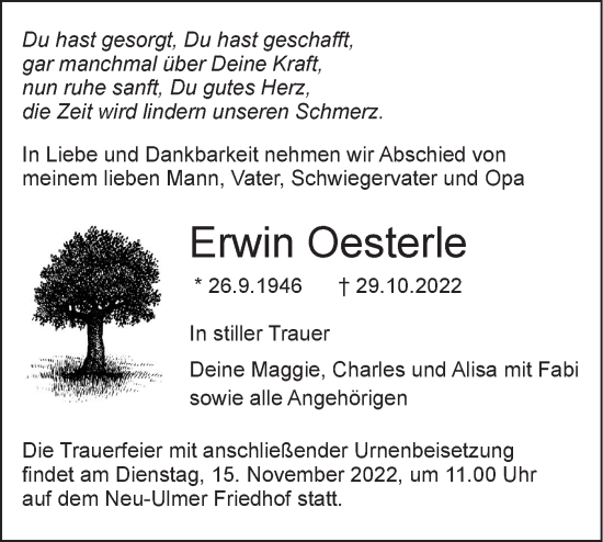 Traueranzeige von Erwin Oesterle von SÜDWEST PRESSE Ausgabe Ulm/Neu-Ulm