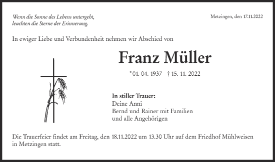 Traueranzeige von Franz Müller von Metzinger-Uracher Volksblatt