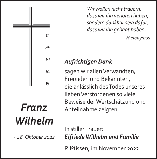 Traueranzeige von Franz Wilhelm von Ehinger Tagblatt