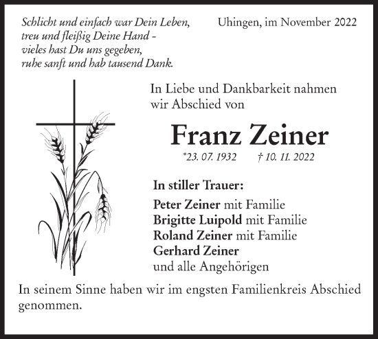 Traueranzeige von Franz Zeiner von NWZ Neue Württembergische Zeitung