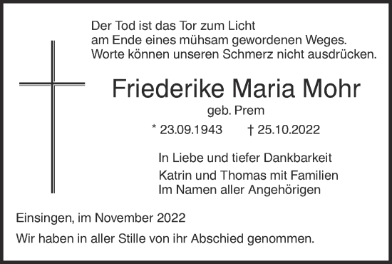 Traueranzeige von Friederike Maria Mohr von SÜDWEST PRESSE Ausgabe Ulm/Neu-Ulm