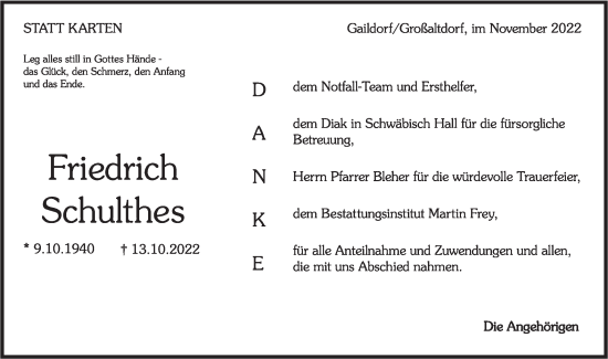 Traueranzeige von Friedrich Schulthes von Rundschau Gaildorf