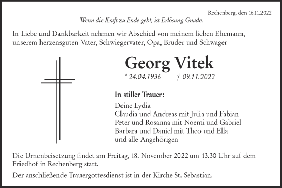 Traueranzeige von Georg Vitek von Hohenloher Tagblatt