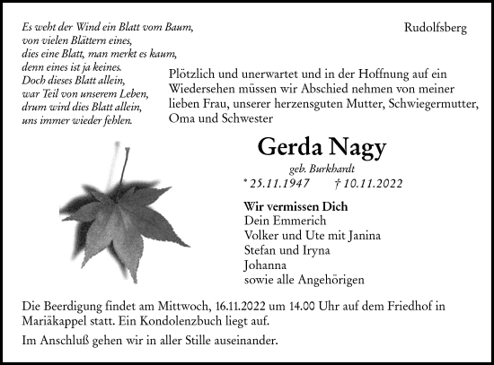 Traueranzeige von Gerda Nagy von Hohenloher Tagblatt