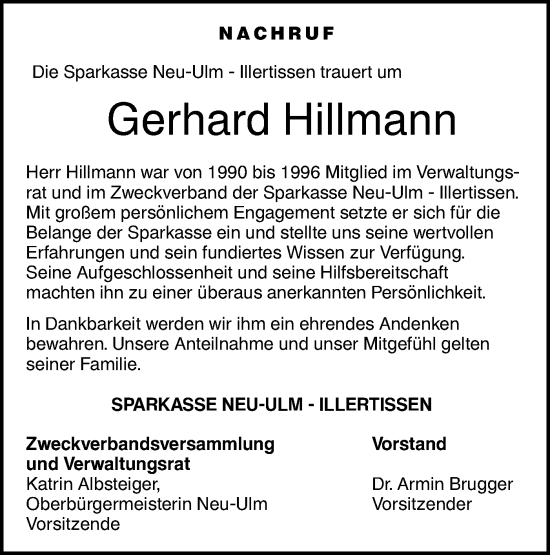 Traueranzeige von Gerhard Hillmann von SÜDWEST PRESSE Ausgabe Ulm/Neu-Ulm