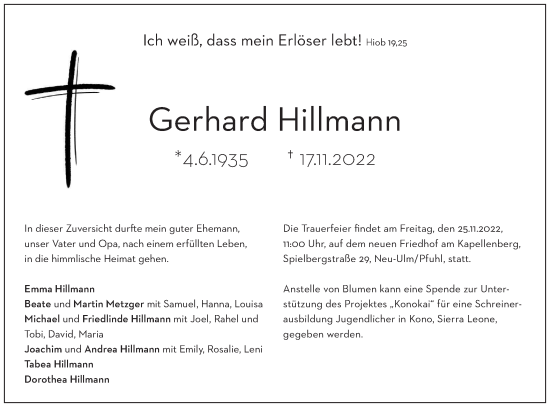 Traueranzeige von Gerhard Hillmann von SÜDWEST PRESSE Ausgabe Ulm/Neu-Ulm