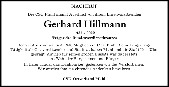 Traueranzeige von Gerhard Hillmann von SÜDWEST PRESSE Ausgabe Ulm/Neu-Ulm