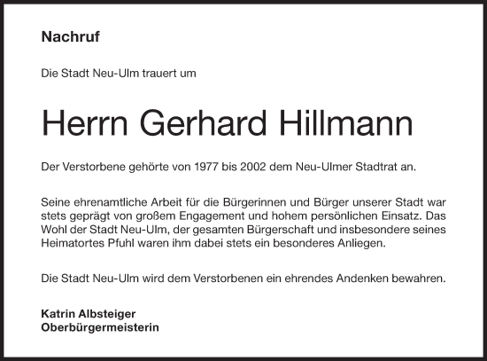 Traueranzeige von Gerhard Hillmann von SÜDWEST PRESSE Ausgabe Ulm/Neu-Ulm