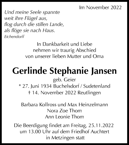 Traueranzeige von Gerlinde Stephanie Jansen von Metzinger-Uracher Volksblatt