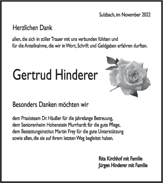 Traueranzeige von Gertrud Hinderer von Rundschau Gaildorf