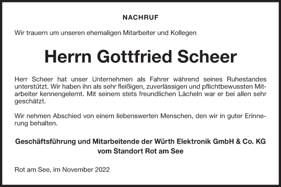 Traueranzeige von Gottfried Scheer von Hohenloher Tagblatt