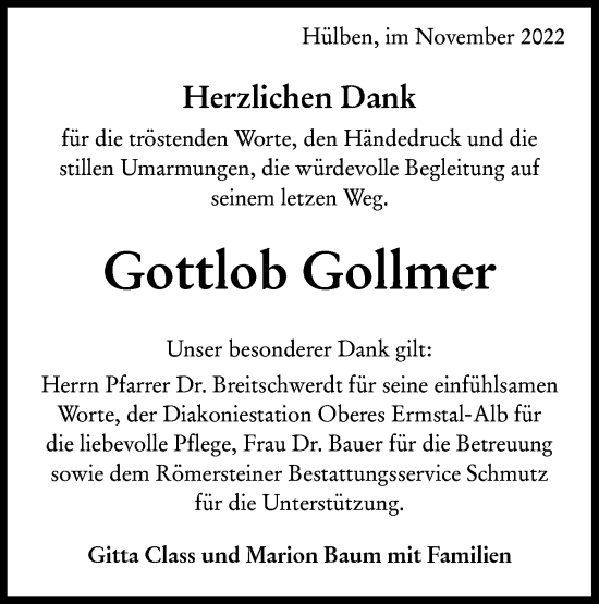 Traueranzeige von Gottlob Gollmer von Alb-Bote/Metzinger-Uracher Volksblatt