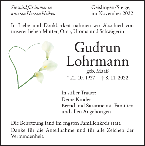 Traueranzeige von Gudrun Lohrmann von Geislinger Zeitung