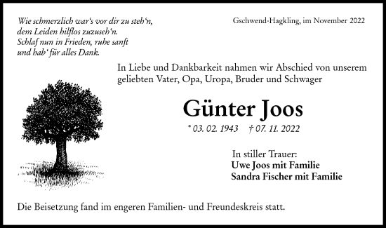 Traueranzeige von Günter Joos von Rundschau Gaildorf