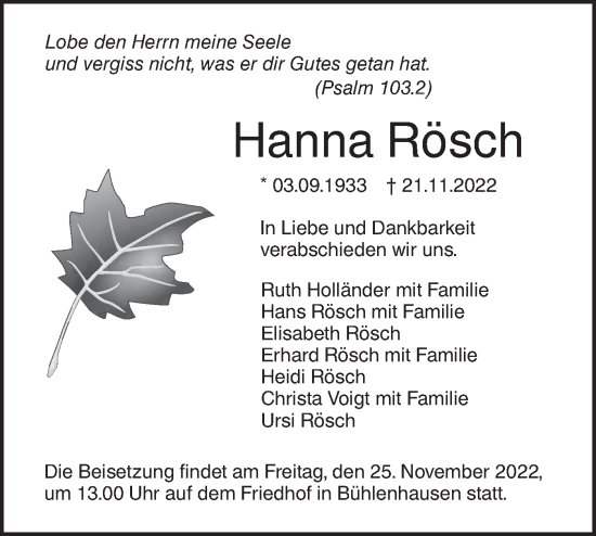 Traueranzeige von Hanna Rösch von SÜDWEST PRESSE Ausgabe Ulm/Neu-Ulm