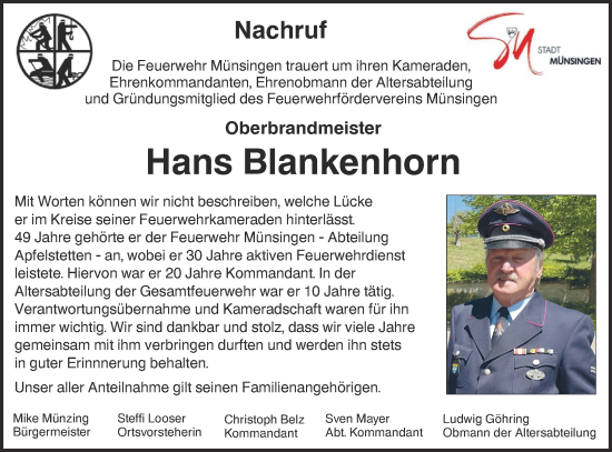 Traueranzeige von Hans Blankenhorn von Alb-Bote/Metzinger-Uracher Volksblatt