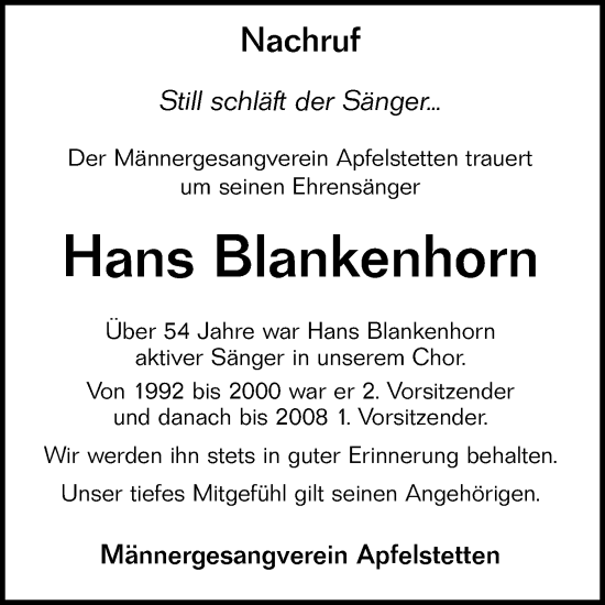 Traueranzeige von Hans Blankenhorn von Alb-Bote/Metzinger-Uracher Volksblatt