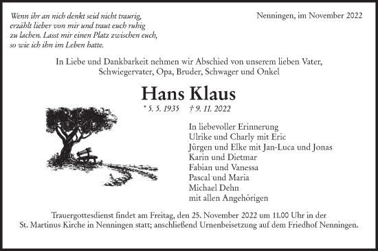 Traueranzeige von Hans Klaus von NWZ Neue Württembergische Zeitung