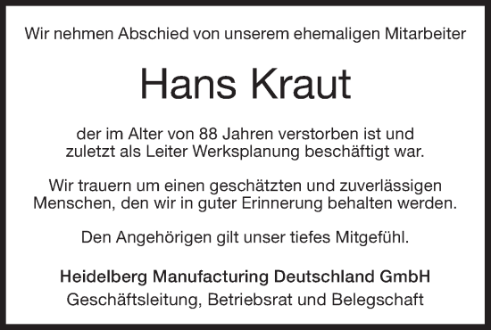 Traueranzeige von Hans Kraut von Geislinger Zeitung