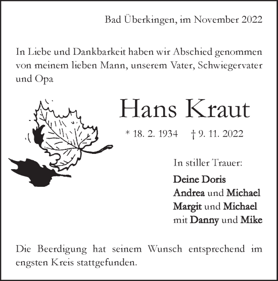 Traueranzeige von Hans Kraut von Geislinger Zeitung