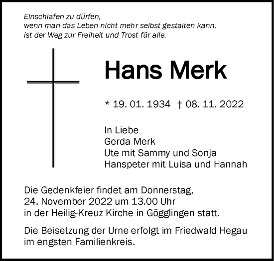 Traueranzeige von Hans Merk von SÜDWEST PRESSE Ausgabe Ulm/Neu-Ulm