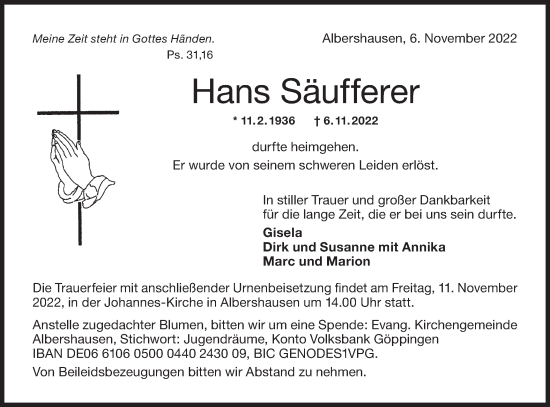 Traueranzeige von Hans Säufferer von NWZ Neue Württembergische Zeitung