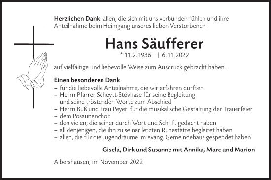 Traueranzeige von Hans Säufferer von NWZ Neue Württembergische Zeitung