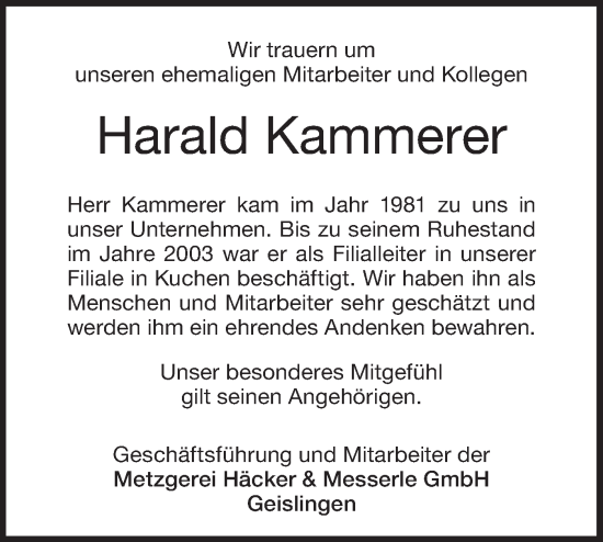 Traueranzeige von Harald Kammerer von Geislinger Zeitung