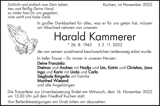 Traueranzeige von Harald Kammerer von Geislinger Zeitung