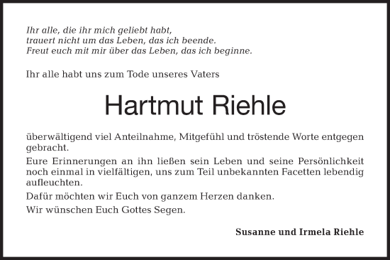 Traueranzeige von Hartmut Riehle von Haller Tagblatt