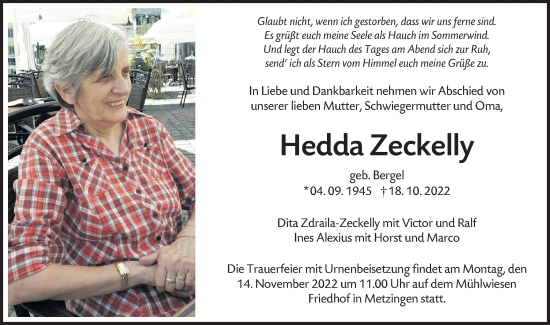 Traueranzeige von Hedda Zeckelly von Metzinger-Uracher Volksblatt