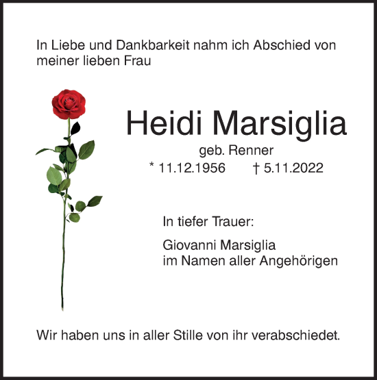 Traueranzeige von Heidi Marsiglia von SÜDWEST PRESSE Ausgabe Ulm/Neu-Ulm