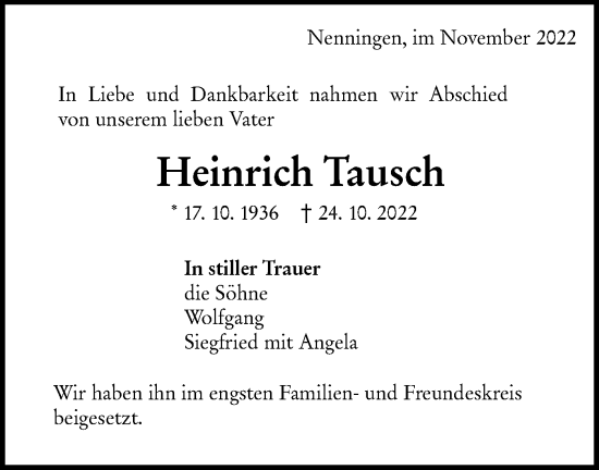 Traueranzeige von Heinrich Tausch von NWZ Neue Württembergische Zeitung/Geislinger Zeitung