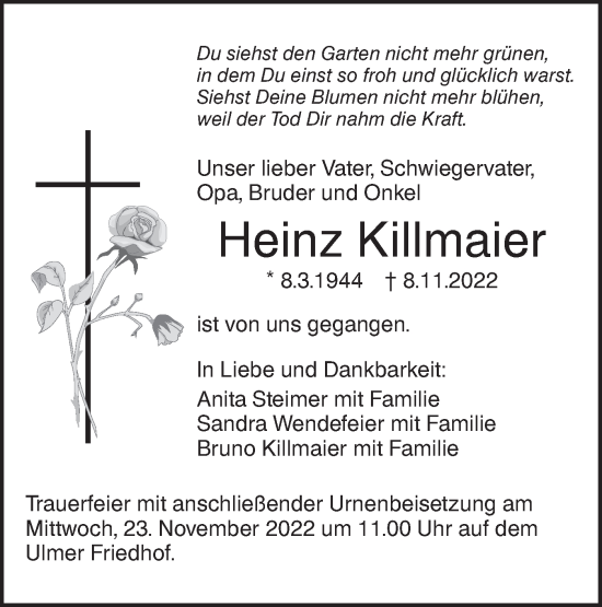 Traueranzeige von Heinz Killmaier von SÜDWEST PRESSE Ausgabe Ulm/Neu-Ulm