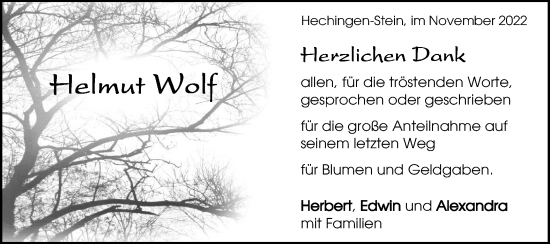 Traueranzeige von Helmut Wolf von Metzinger-Uracher Volksblatt