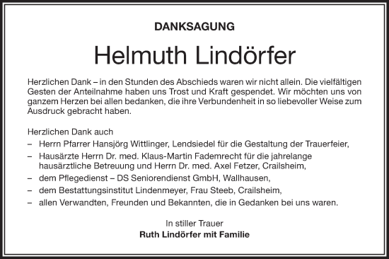 Traueranzeige von Helmuth Lindörfer von Hohenloher Tagblatt