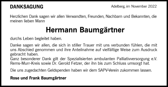 Traueranzeige von Hermann Baumgärtner von NWZ Neue Württembergische Zeitung