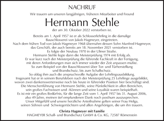 Traueranzeige von Hermann Stehle von Metzinger-Uracher Volksblatt