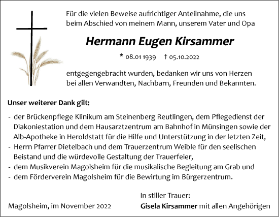 Traueranzeige von Hermann Eugen Kirsammer von Metzinger-Uracher Volksblatt