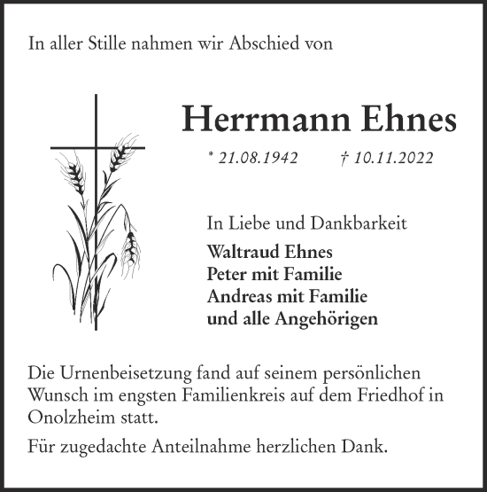 Traueranzeige von Herrmann Ehnes von Hohenloher Tagblatt