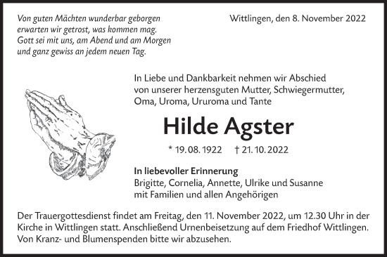 Traueranzeige von Hilde Agster von Metzinger-Uracher Volksblatt