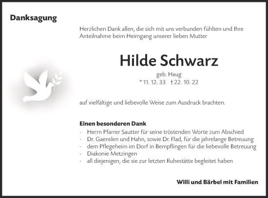 Traueranzeige von Hilde Schwarz von Metzinger-Uracher Volksblatt