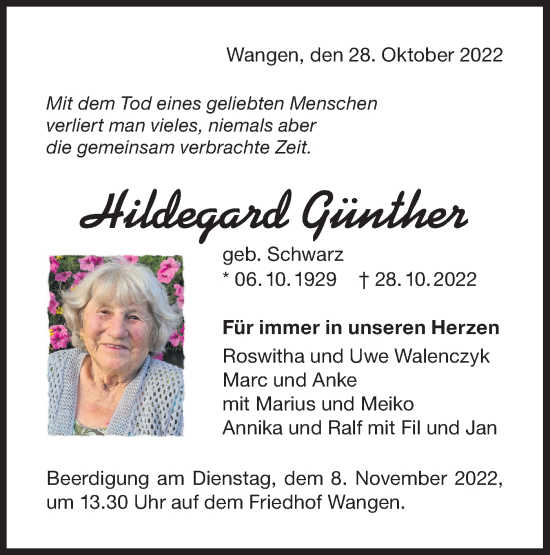 Traueranzeige von Hildegard Günther von NWZ Neue Württembergische Zeitung