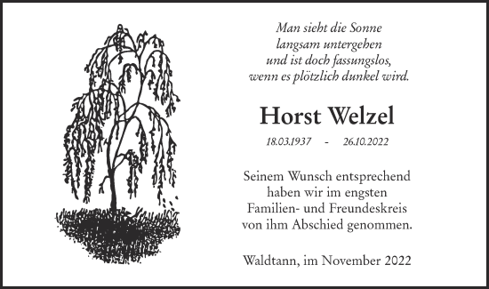 Traueranzeige von Horst Welzel von Hohenloher Tagblatt