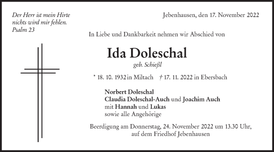 Traueranzeige von Ida Doleschal von NWZ Neue Württembergische Zeitung