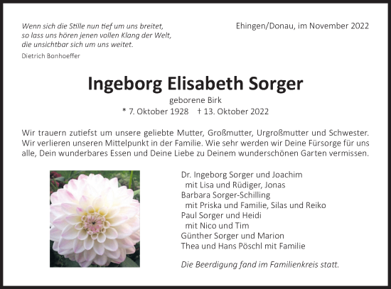 Traueranzeige von Ingeborg Elisabeth Sorger von Ehinger Tagblatt