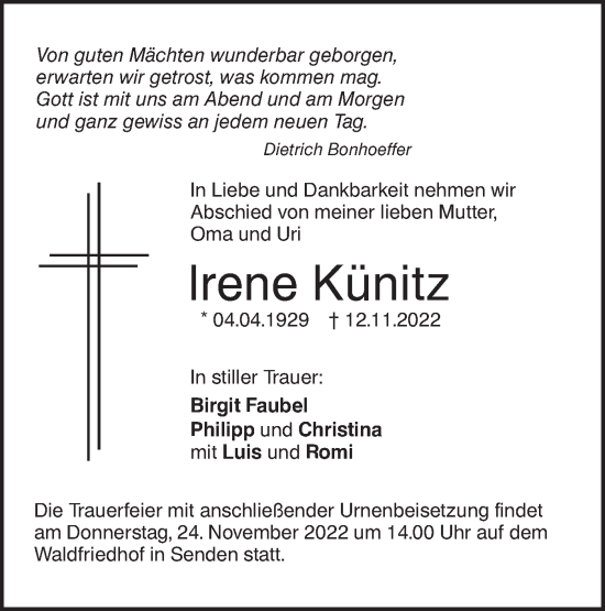 Traueranzeige von Irene Künitz von SÜDWEST PRESSE Ausgabe Ulm/Neu-Ulm